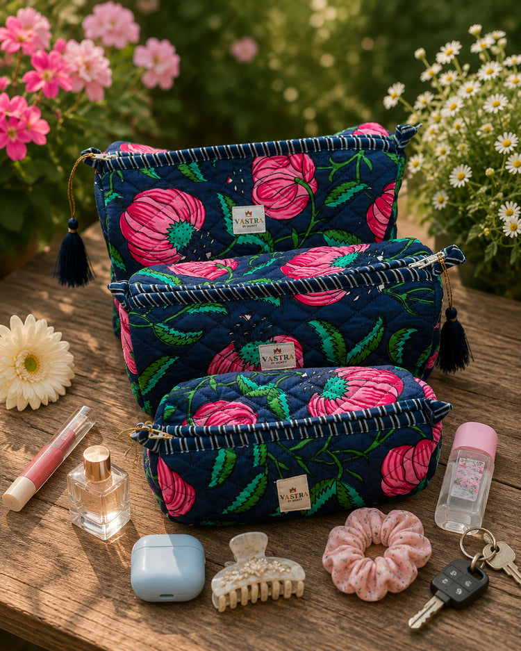 Navy Blue-Blossom Cotton Quilted Set Of 3 Pouch