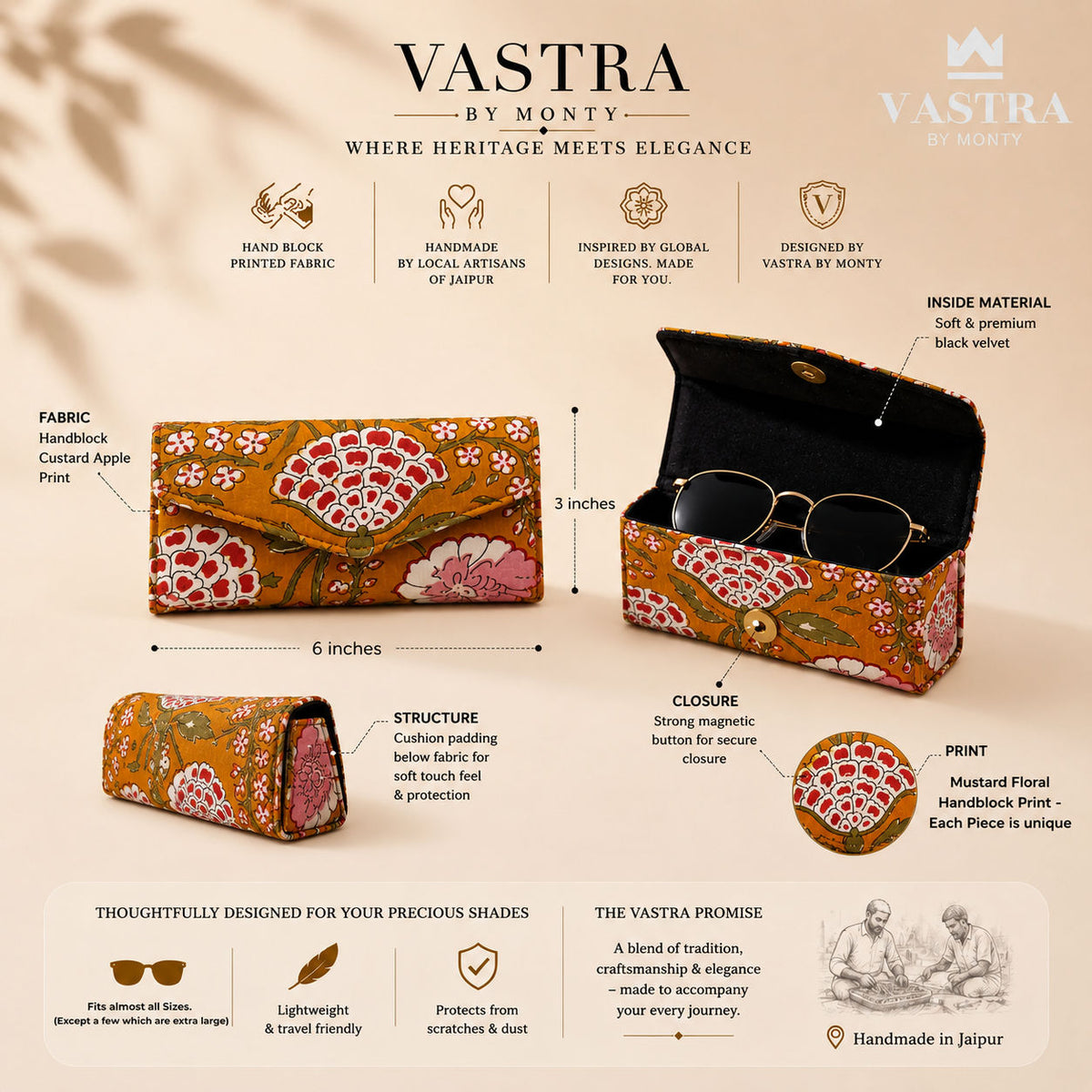 Mustard Floral Handblock Print premium Sunglass Case
