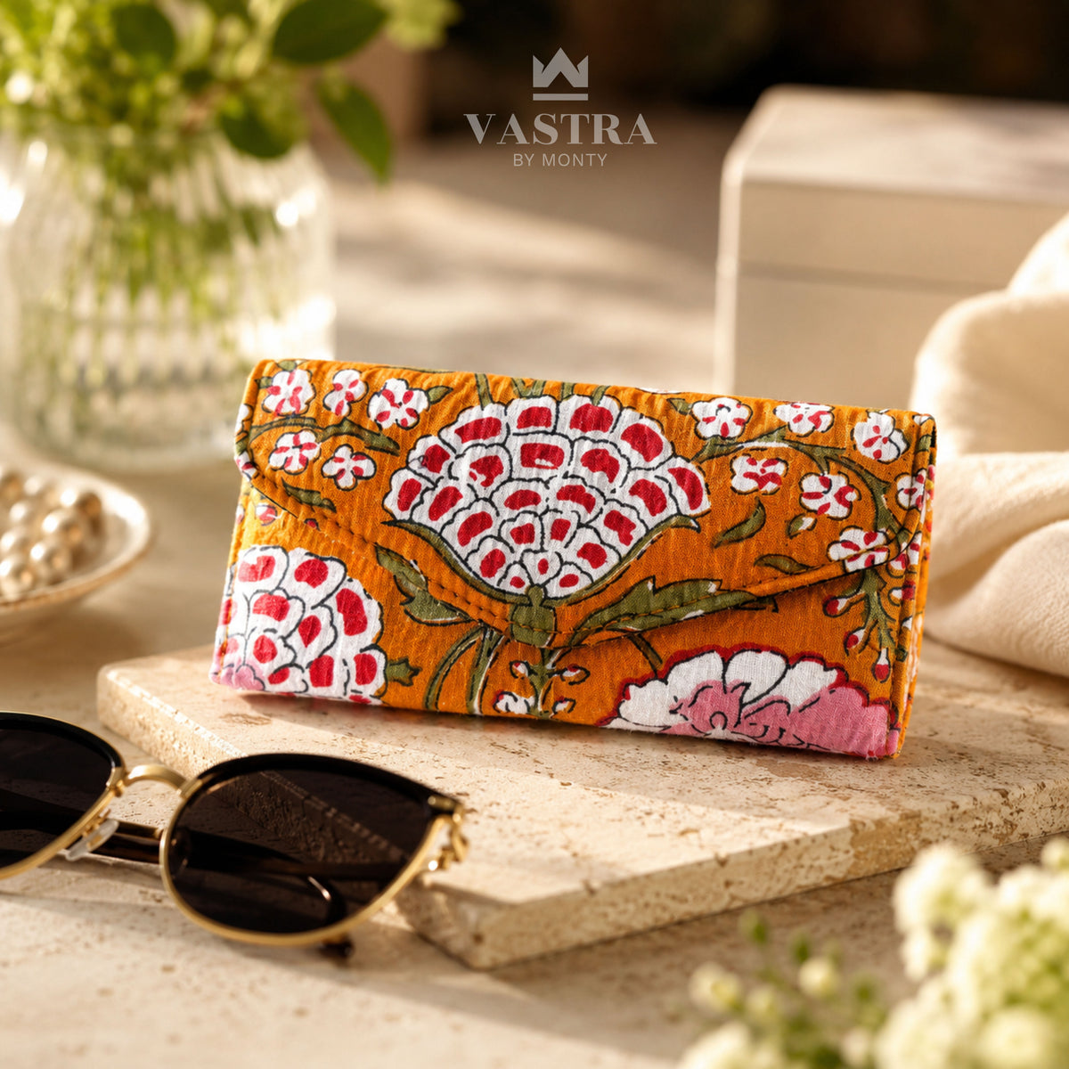 Mustard Floral Handblock Print premium Sunglass Case