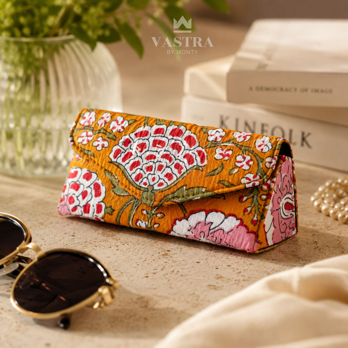 Mustard Floral Handblock Print premium Sunglass Case