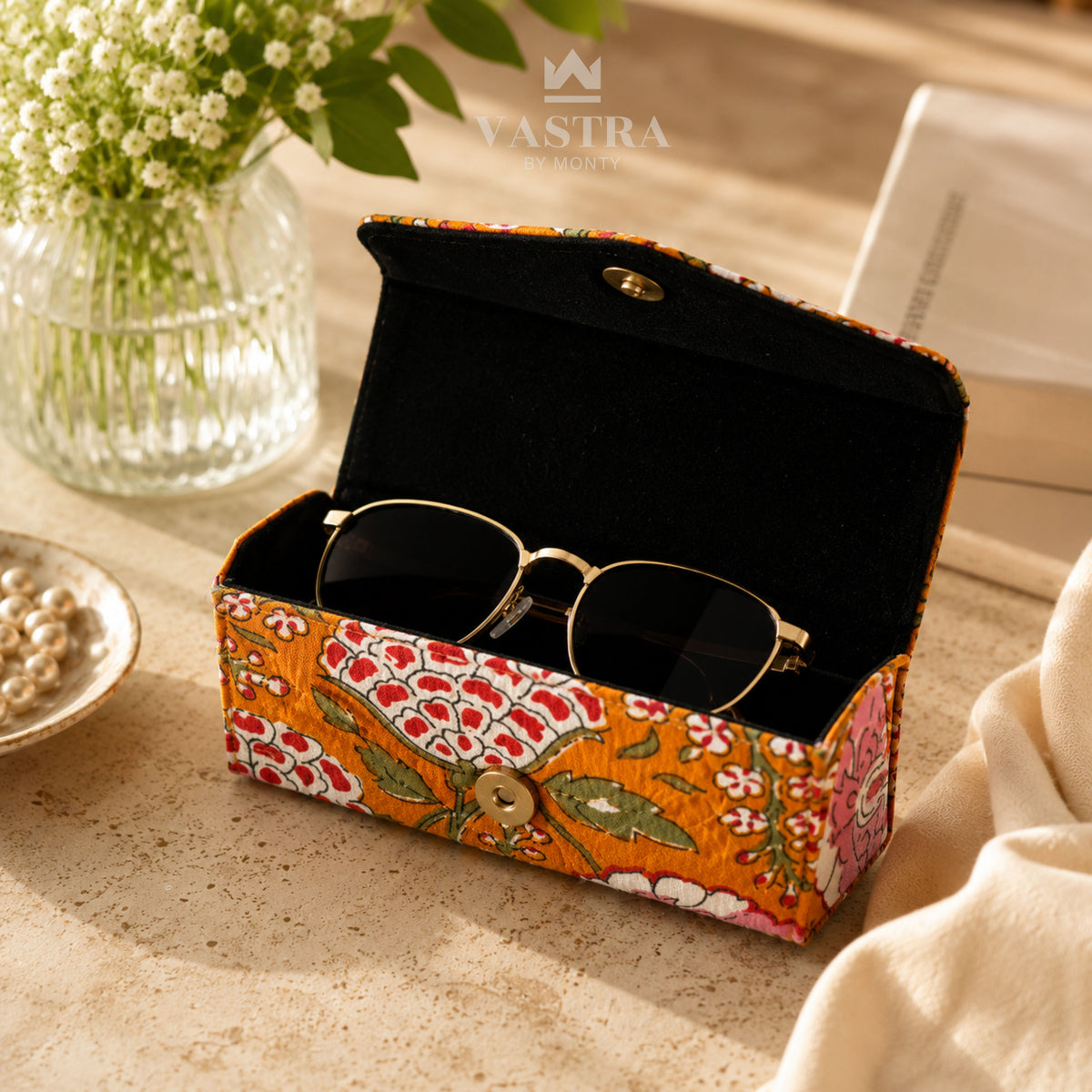 Mustard Floral Handblock Print premium Sunglass Case