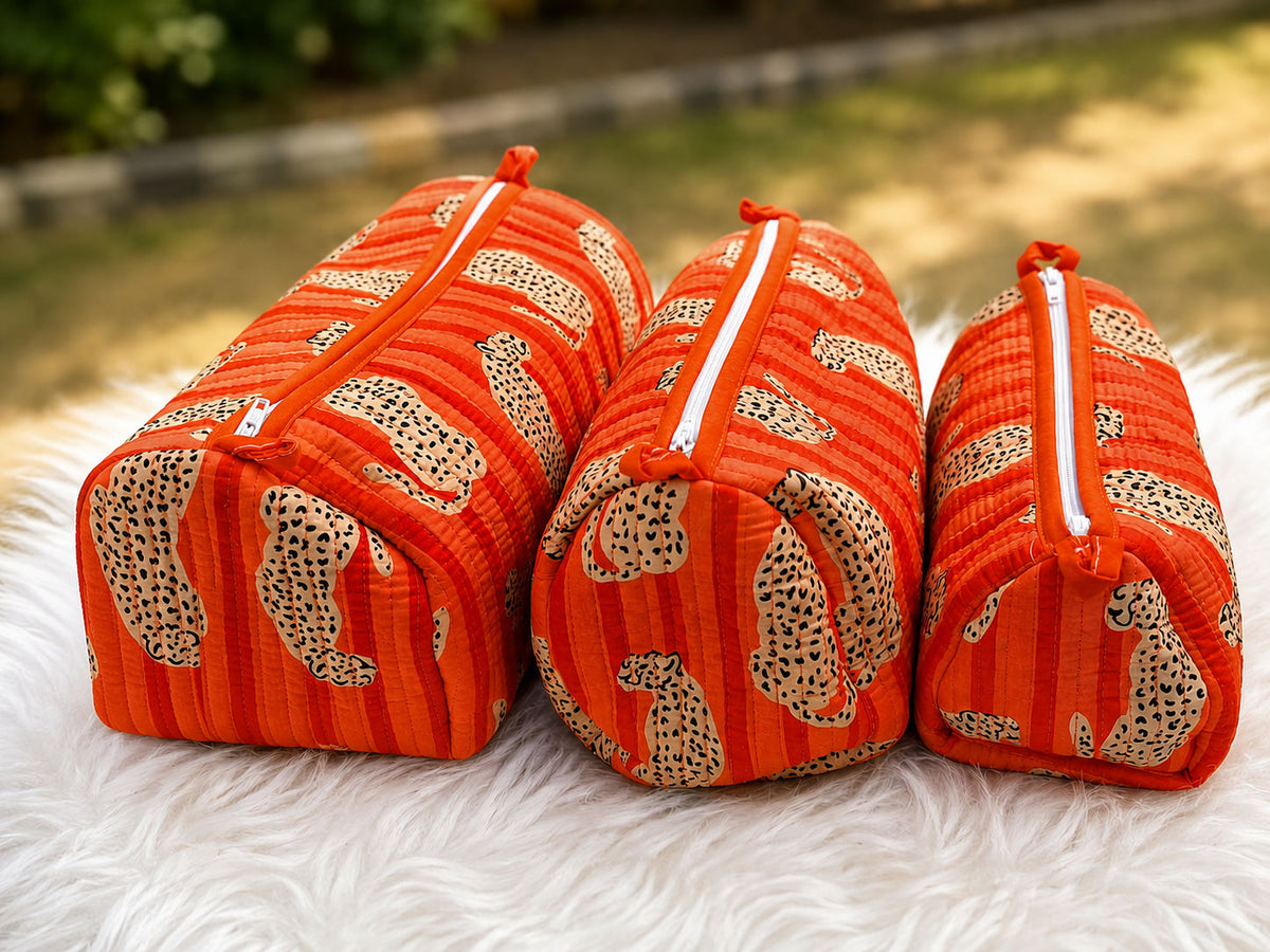 Orange Stripe Tiger Handblocked Cotton Quilted Pouch