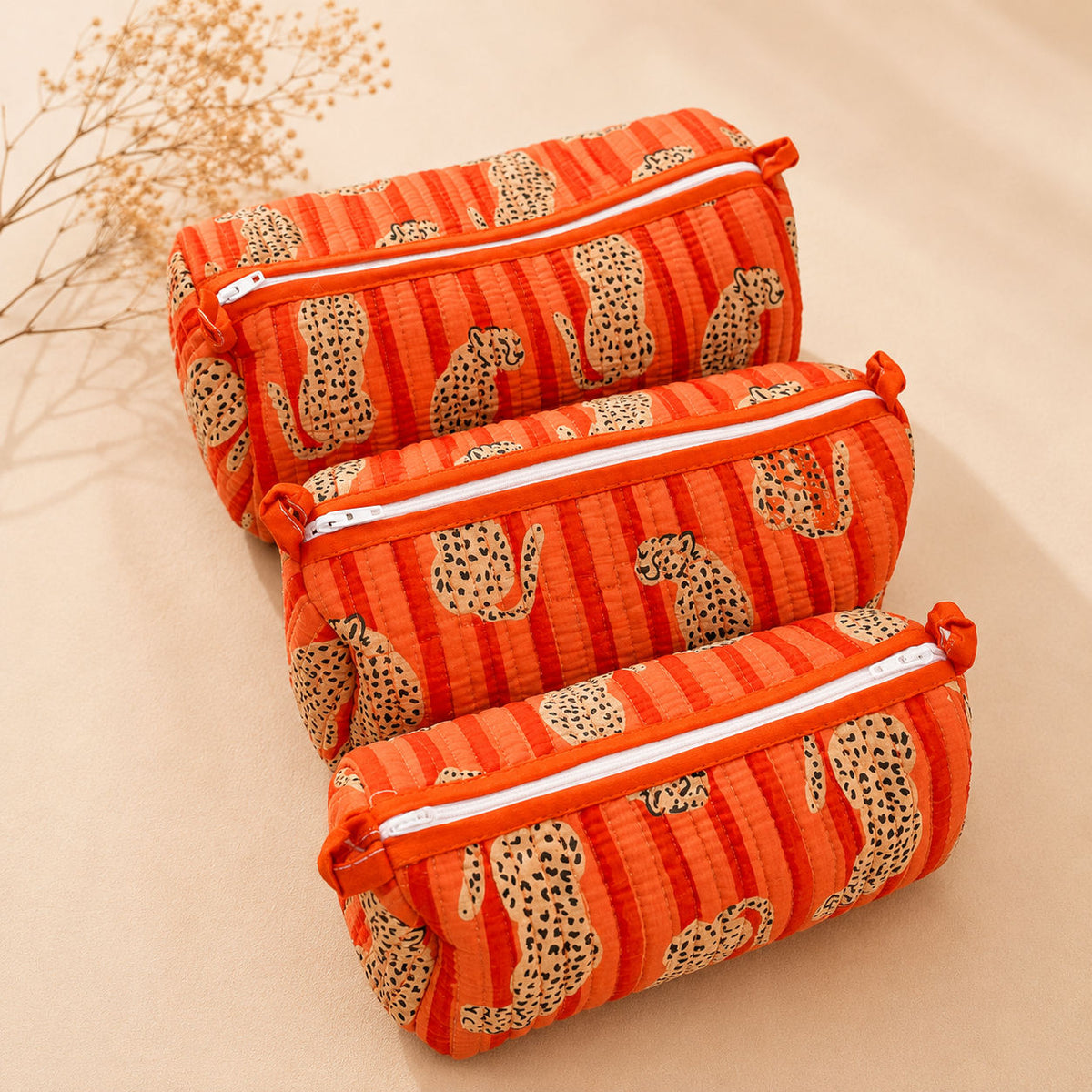 Orange Stripe Tiger Handblocked Cotton Quilted Pouch
