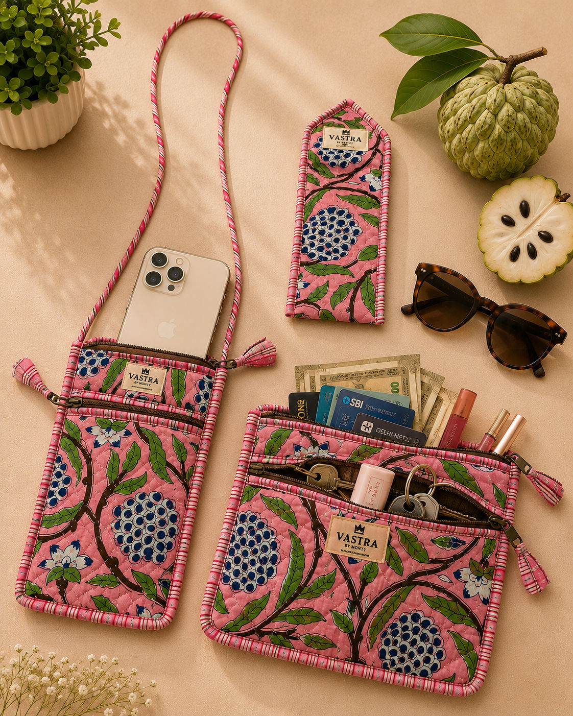 Pink Custard Apple Sling, Sunglass Case & Flat Pouch Combo
