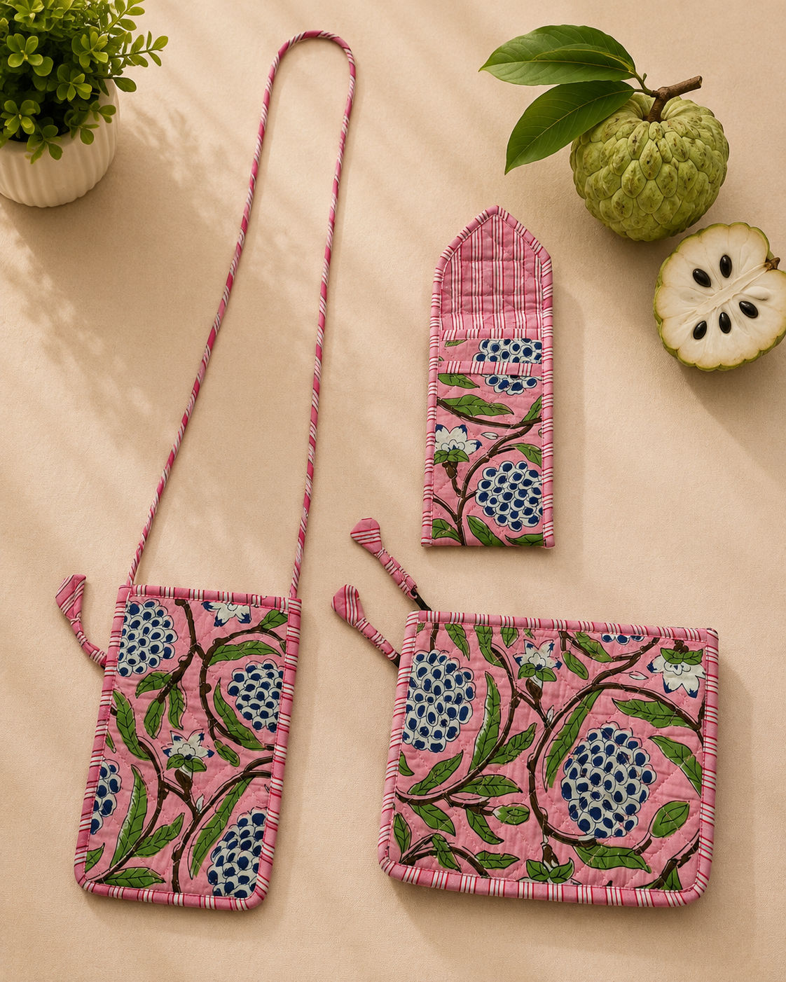 Pink Custard Apple Sling, Sunglass Case & Flat Pouch Combo