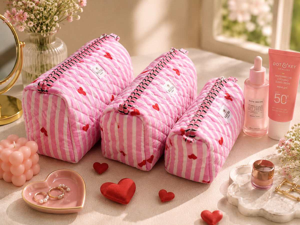 Pink Heart Stripe Cotton Quilted Pouch Set With Tassel