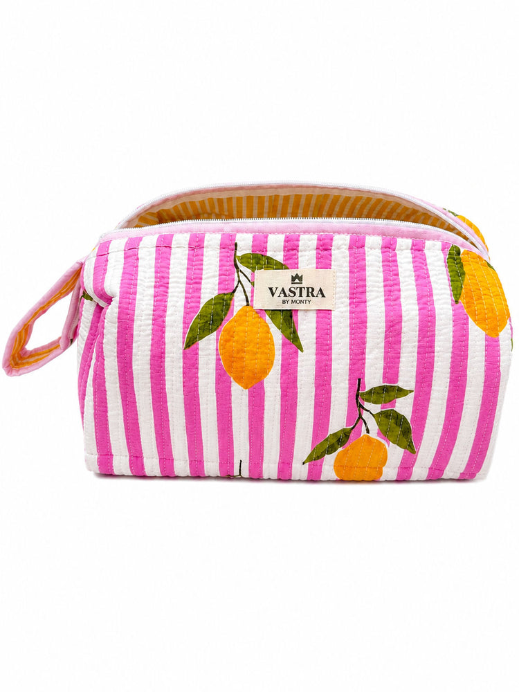 Signature Vanity & Tool Organizer — Pink Lemon Stripe Handblocked Cotton Quilted