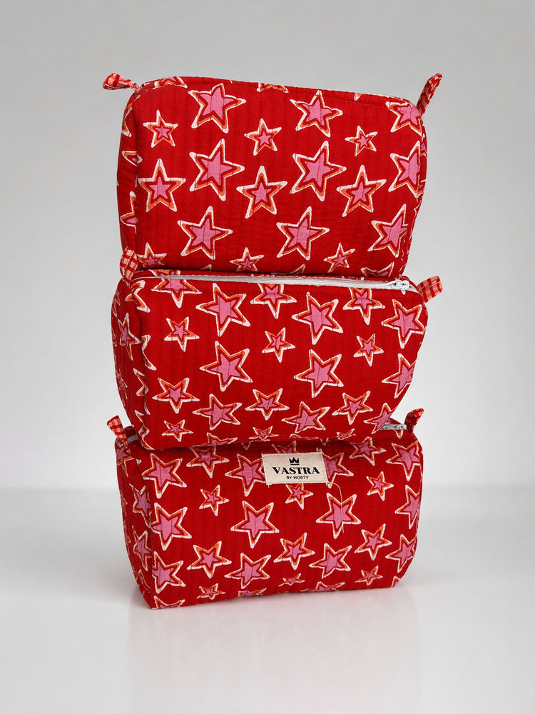 Pink Star Print Quilted Cotton Pouch