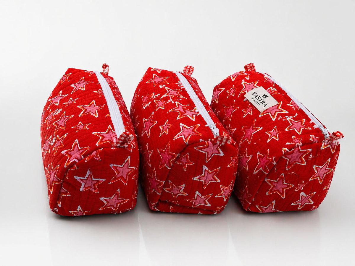 Pink Star Print Quilted Cotton Pouch