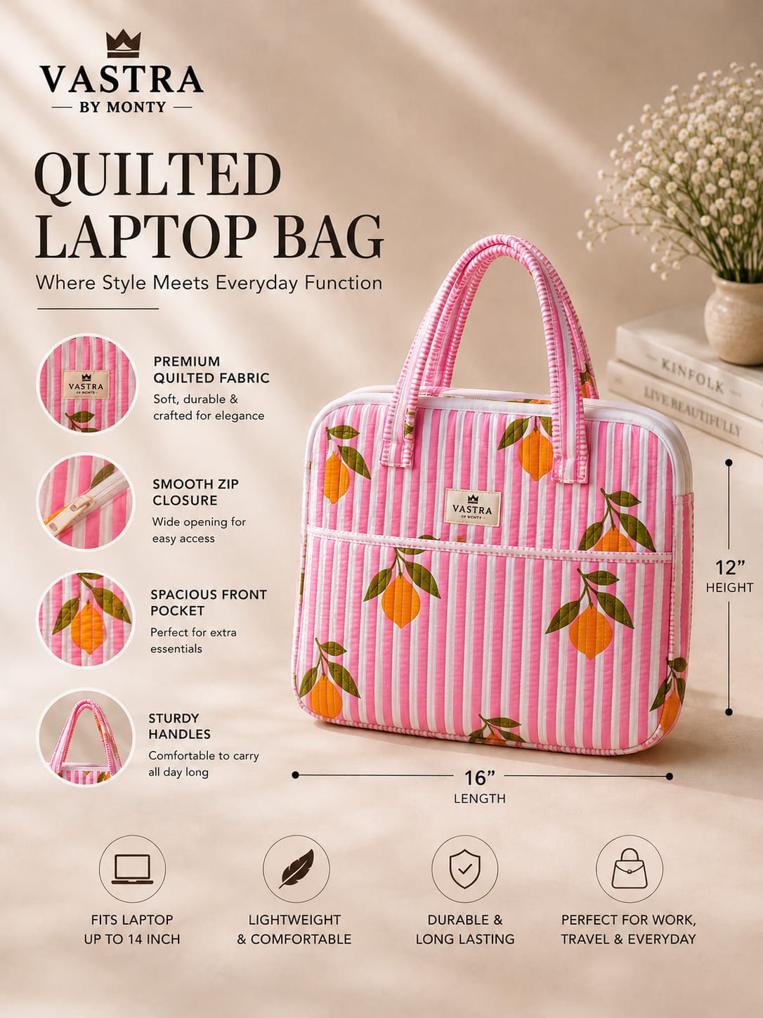 Pink Stripe Lemon Cotton Quilted Laptop Bag