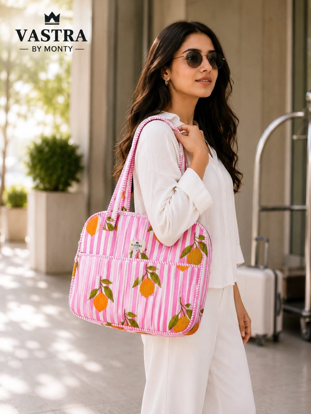 Pink Stripe Lemon Cotton Quilted Laptop Bag