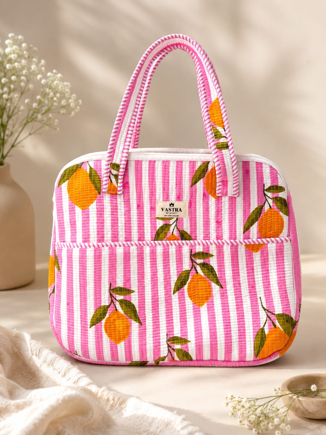 Pink Stripe Lemon Cotton Quilted Laptop Bag