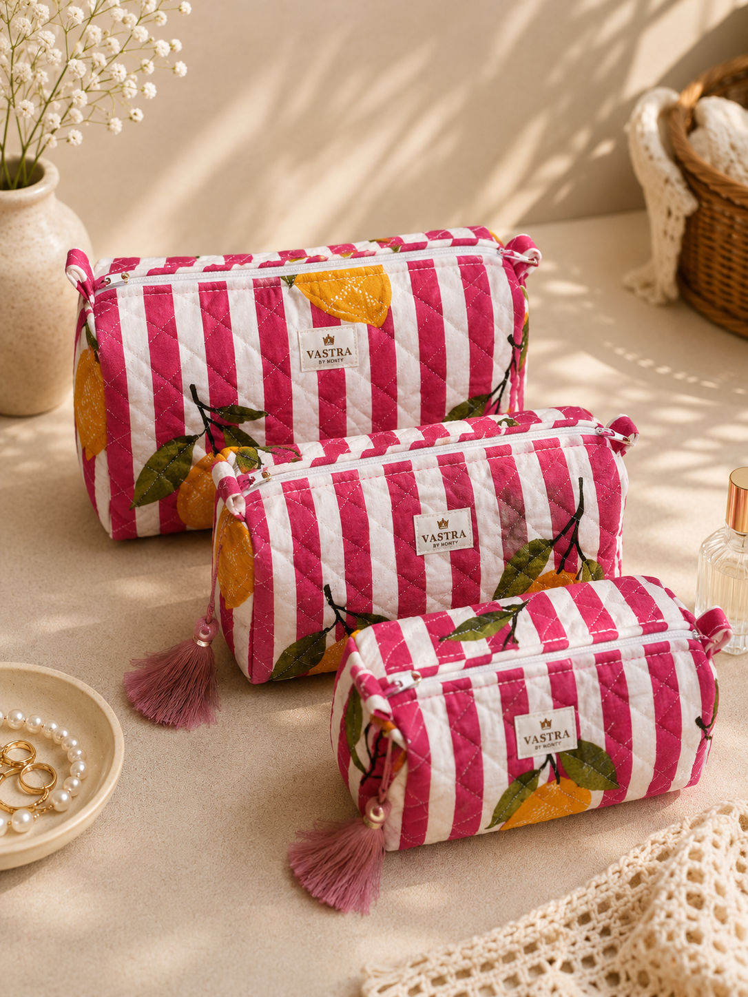 Pink Stripe-Lemon Cotton Quilted Pouch