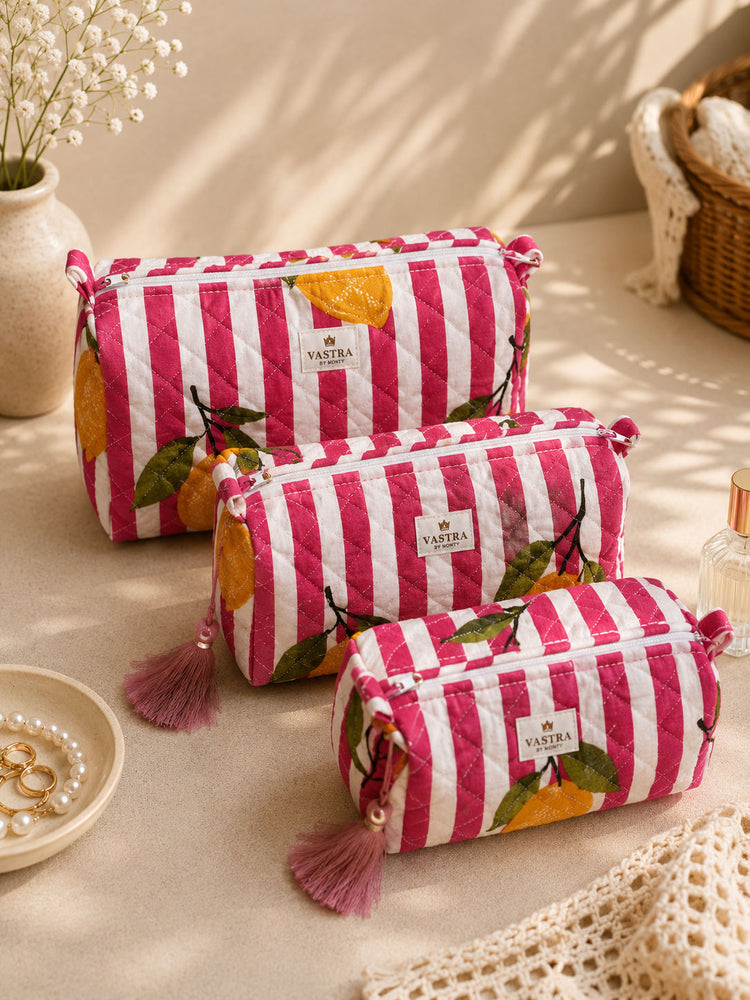 Pink Stripe-Lemon Cotton Quilted Pouch