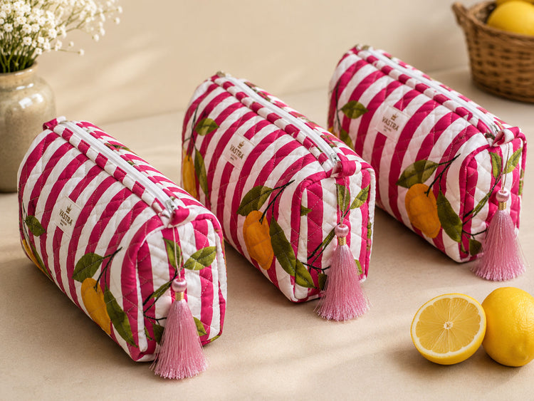 Pink Stripe-Lemon Cotton Quilted Pouch