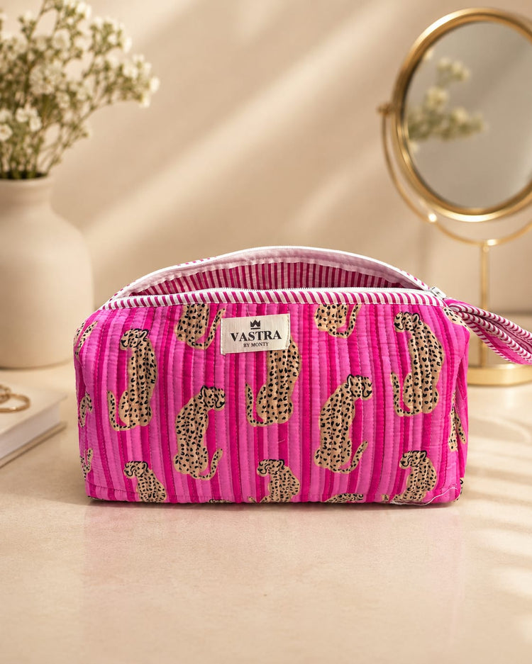Signature Vanity & Tool Organizer — Pink Stripe Leapord Handblocked Cotton Quilted