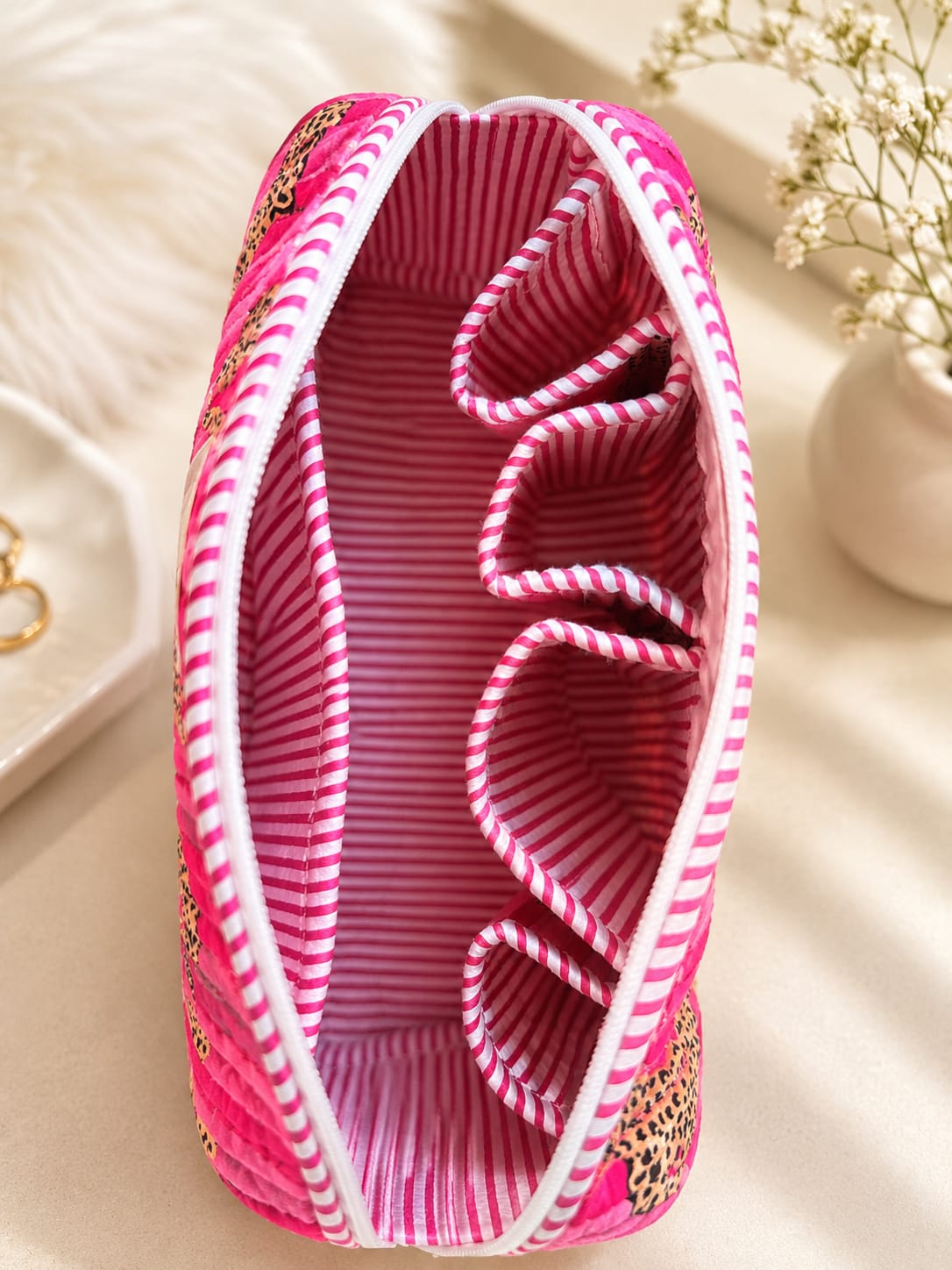 Signature Vanity & Tool Organizer — Pink Stripe Leapord Handblocked Cotton Quilted