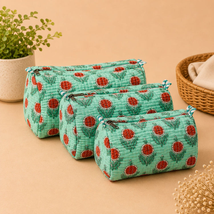 Mint Green Mint Blossom Cotton Quilted Pouch
