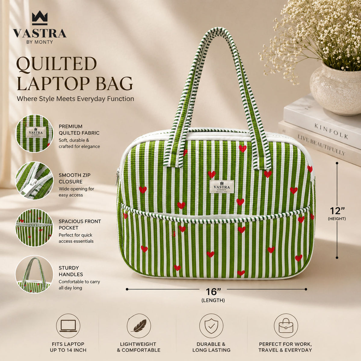 Rajwadi Heartline Green Stripes Laptop Bag