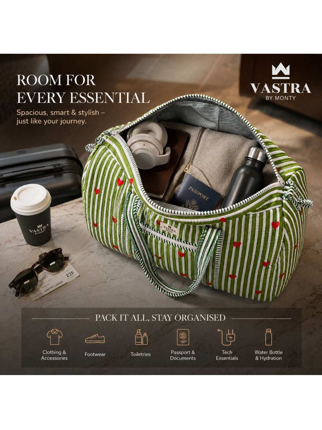 Rajwadi Heartline Green Stripes Duffle Bag