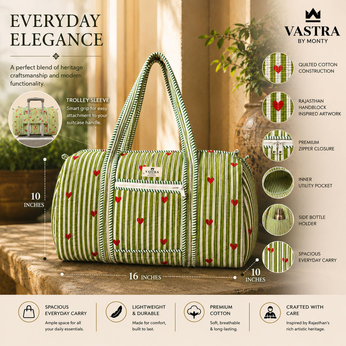 Rajwadi Heartline Green Stripes Duffle Bag