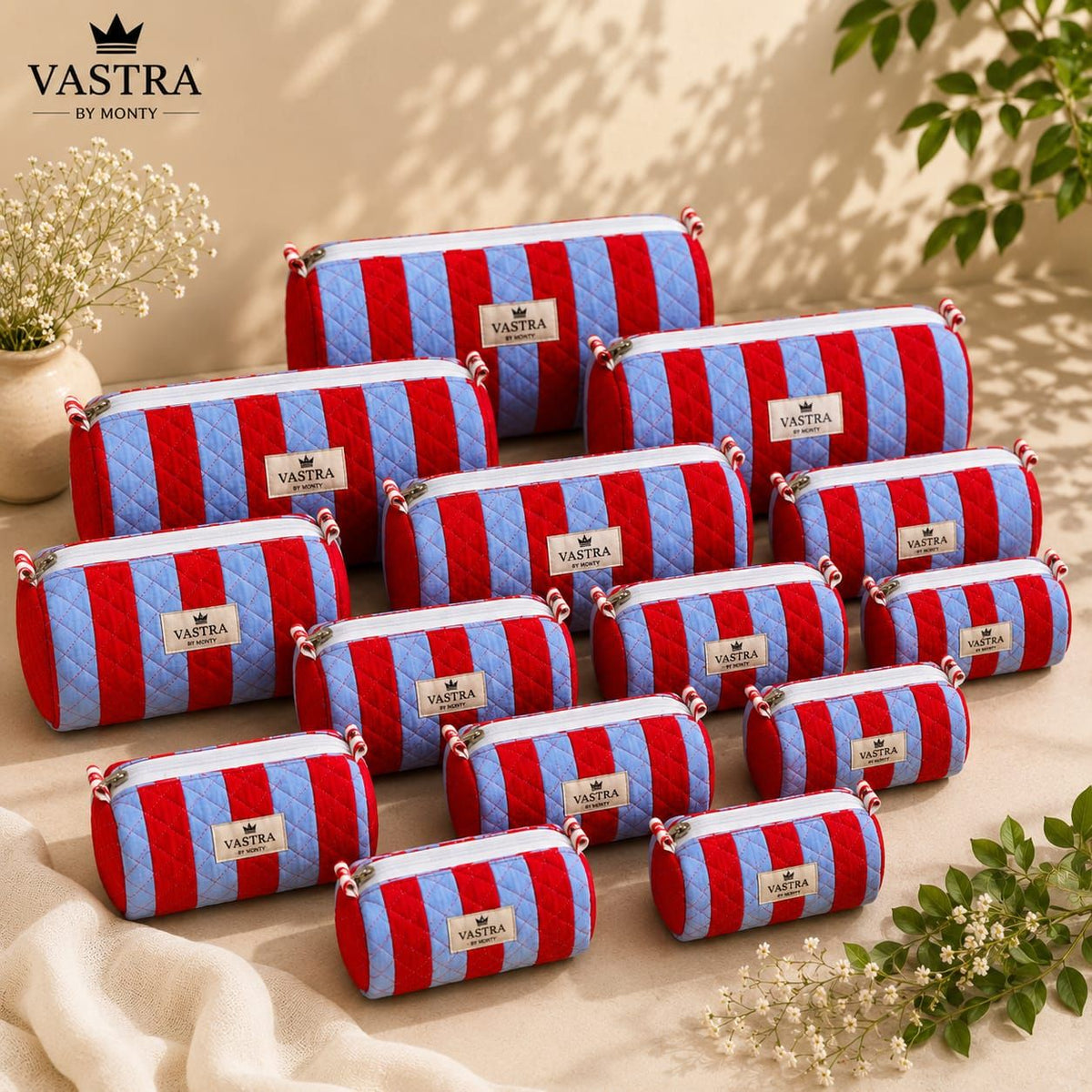 Red-Blue Stripe Cotton Quilted Pouch