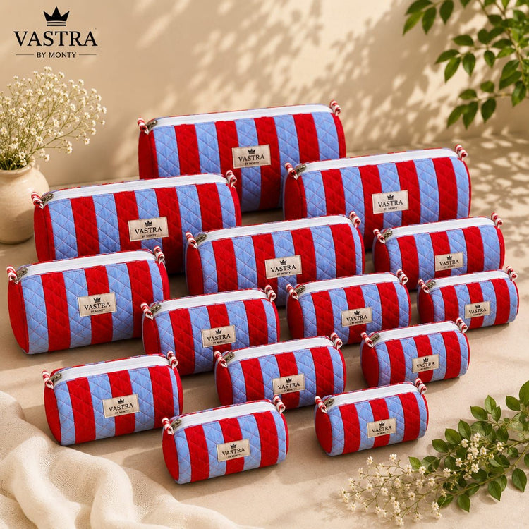 Red-Blue Stripe Cotton Quilted Pouch