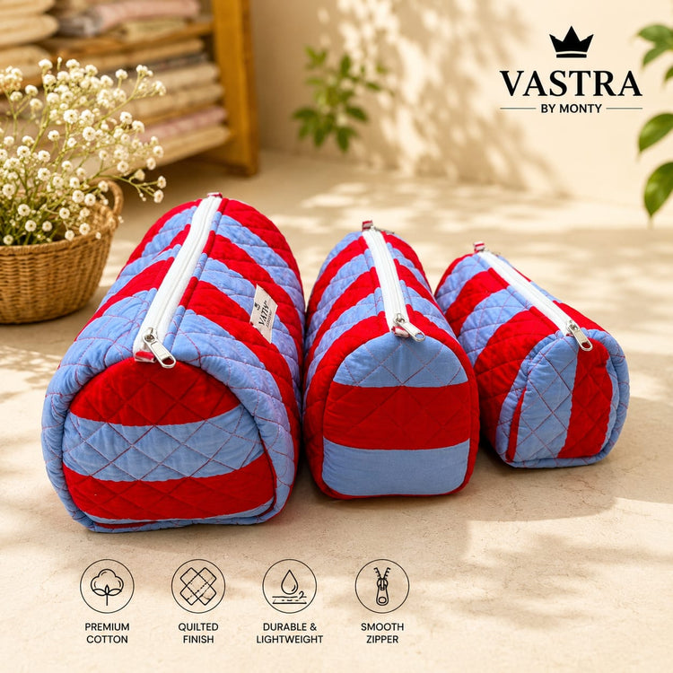 Red-Blue Stripe Cotton Quilted Pouch