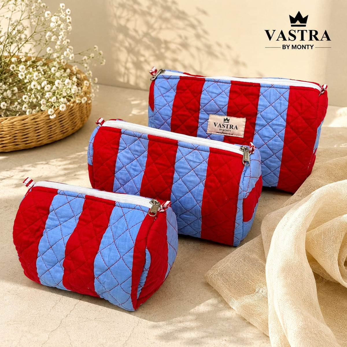 Red-Blue Stripe Cotton Quilted Pouch