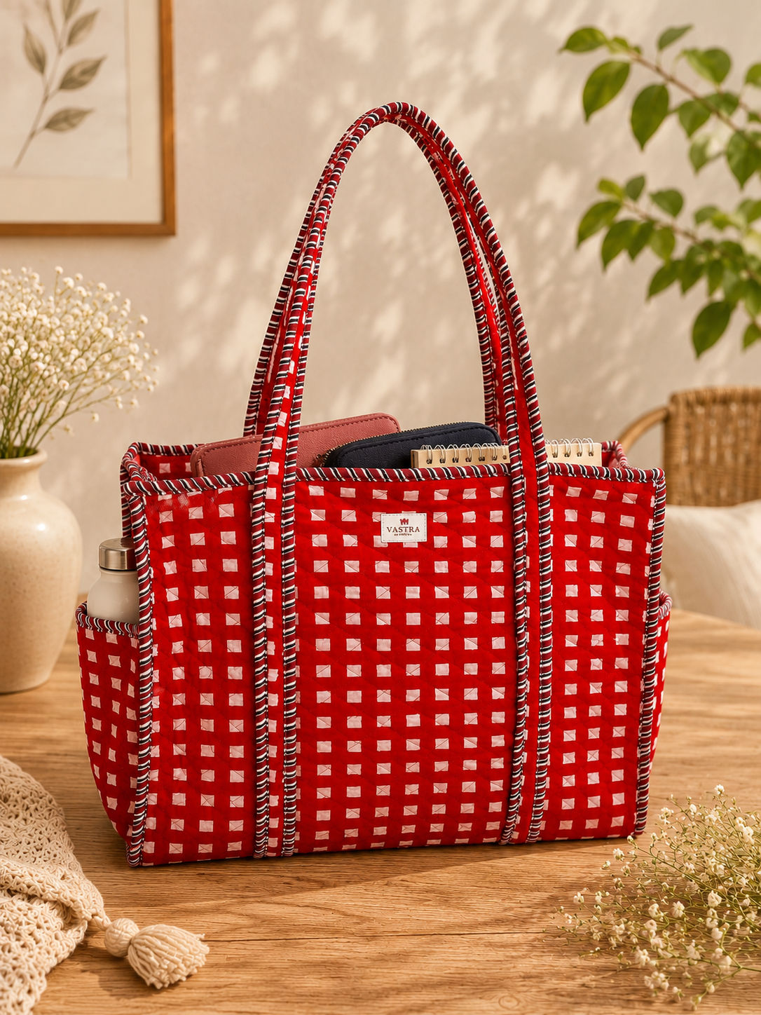 Red Gingham Cotton Quilted Tote Bag