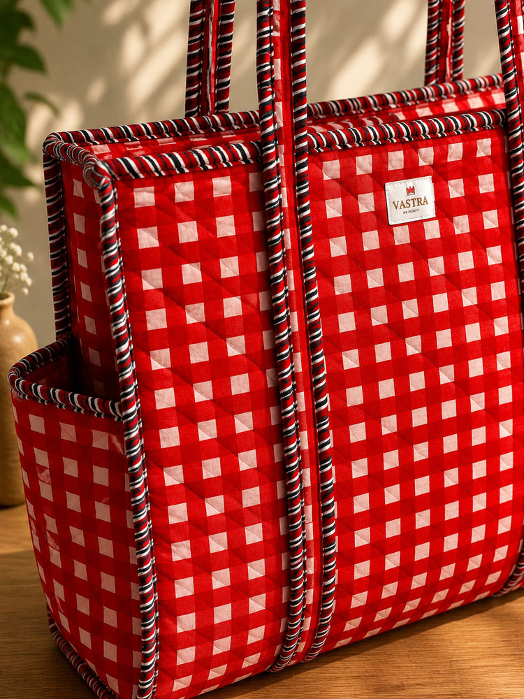 Red Gingham Cotton Quilted Tote Bag