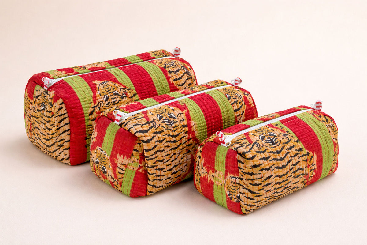 Red Green Stripe Tiger Cotton Quilted Pouch