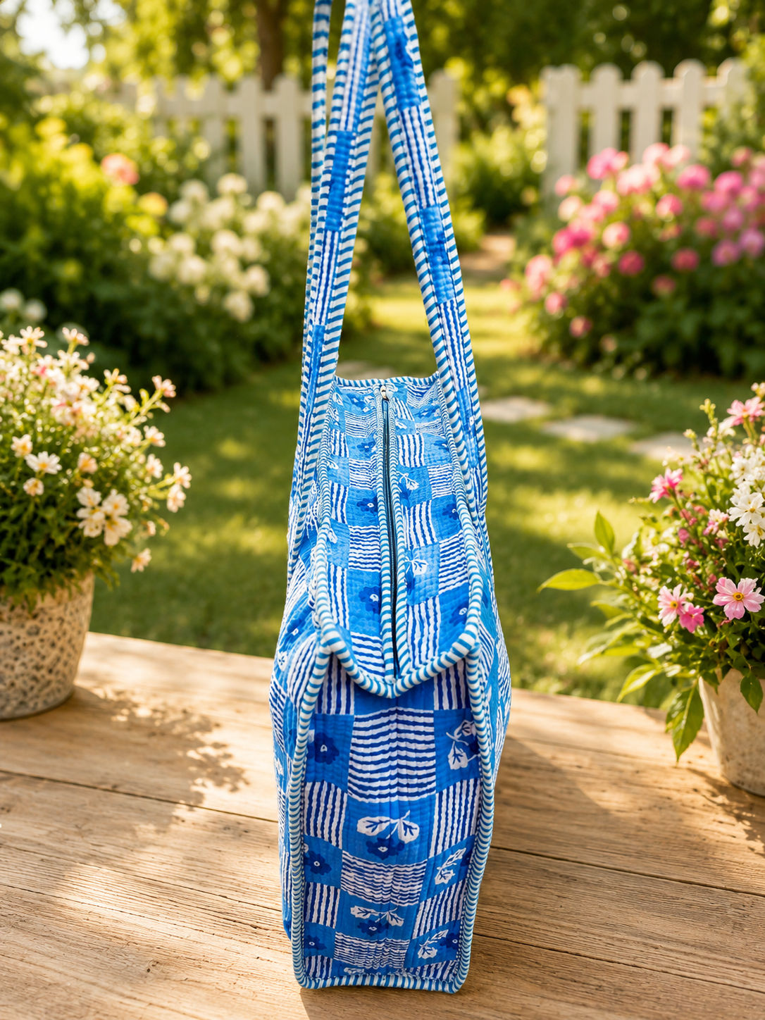 Sky-Blue Grid Cotton Quilted Floral Tote Bag
