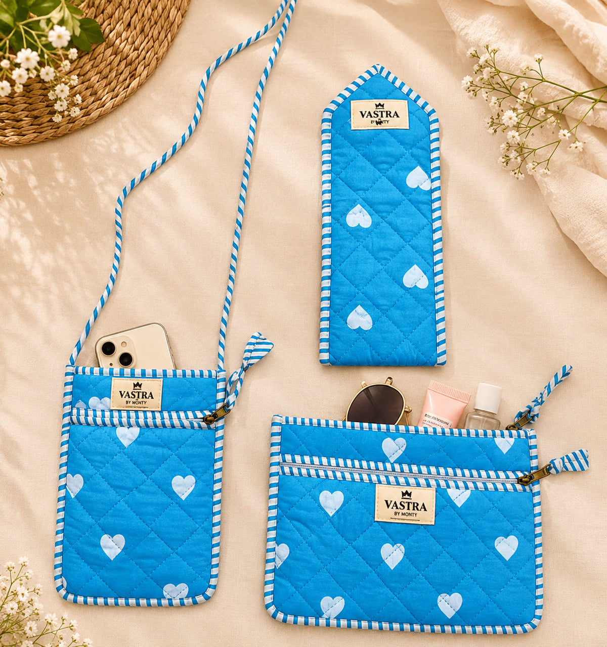 Sky-Blue Heart Quilted Mobile Sling, Sunglass Case & Flat Pouch Combo