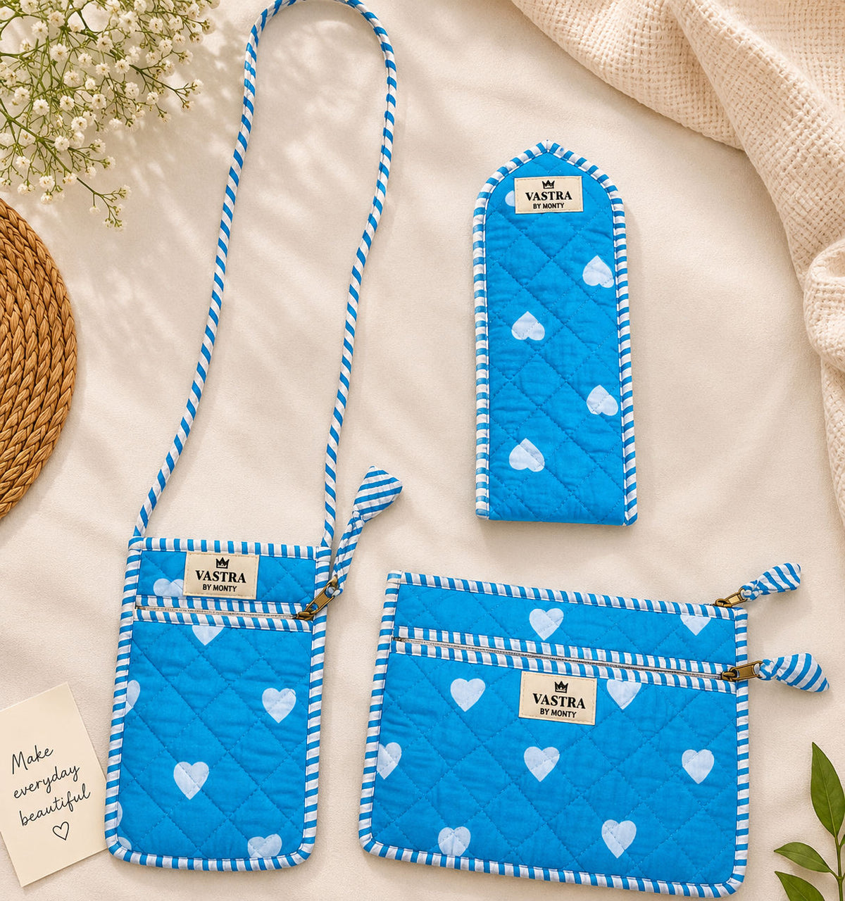 Sky-Blue Heart Quilted Mobile Sling, Sunglass Case & Flat Pouch Combo