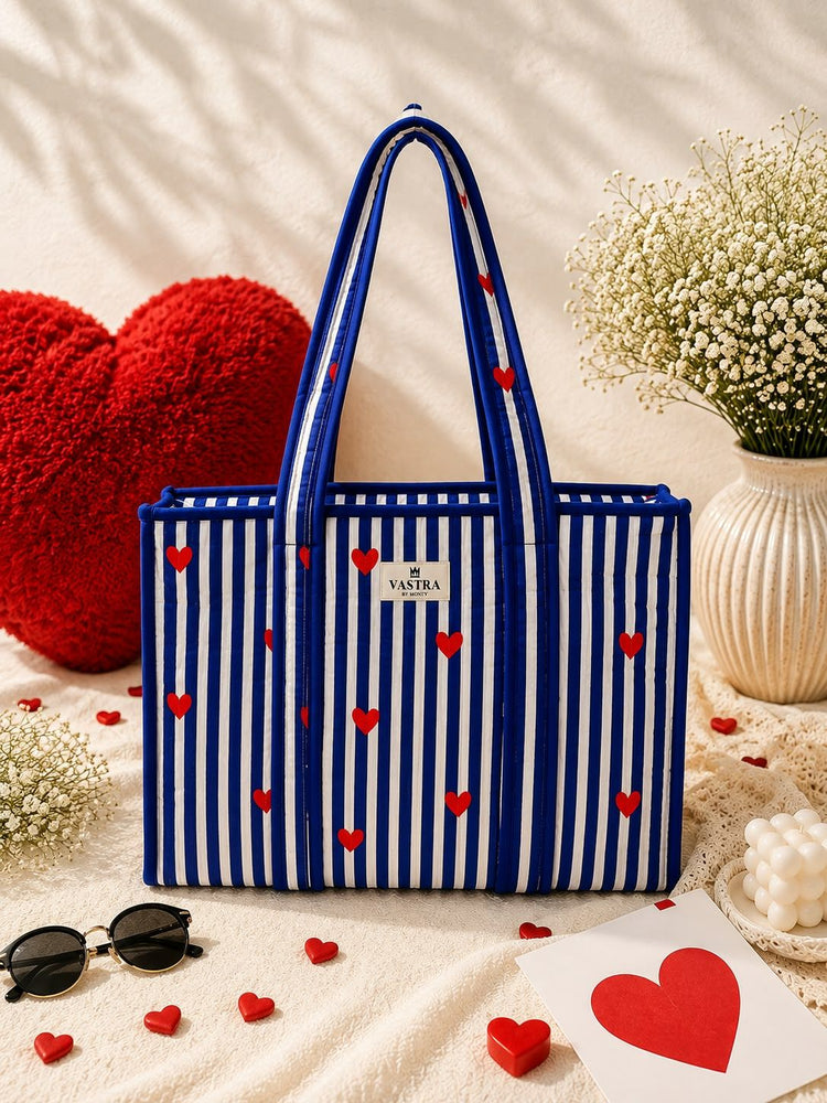 Blue-Heart Striped Handblocked Print Tote Bag