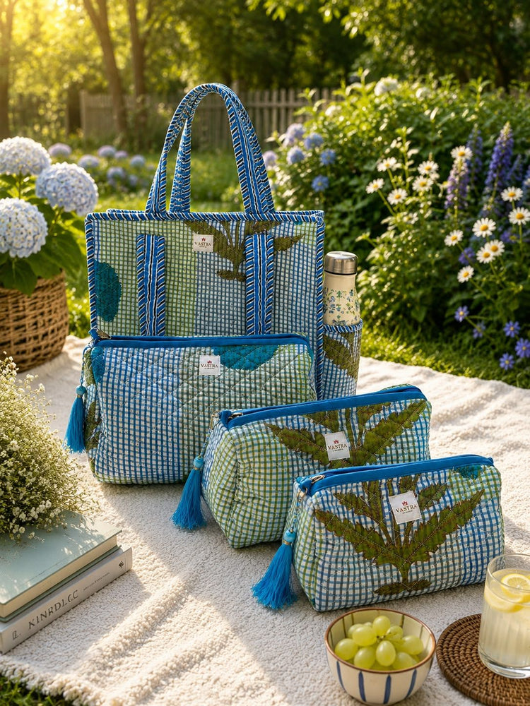 Small Blue Leafy Checked Tote & Pouch Combo