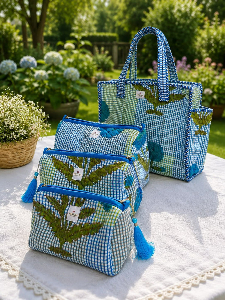 Small Blue Leafy Checked Tote & Pouch Combo