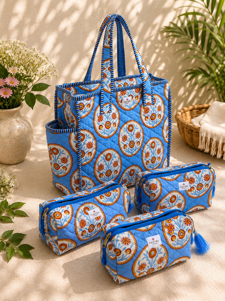 Small Floral Motif Tote And Pouch Combo