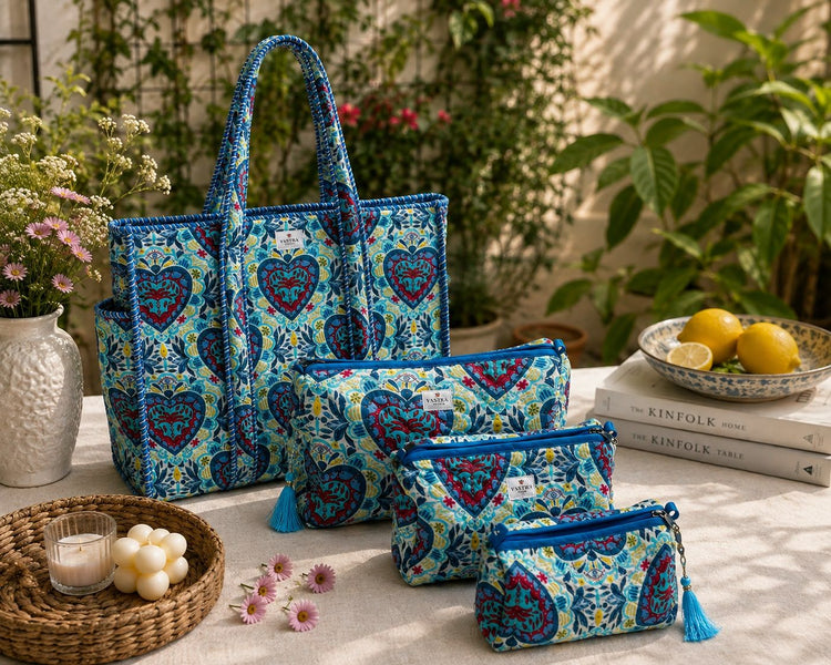 Small Heart Floral Motif Tote And Pouch Combo