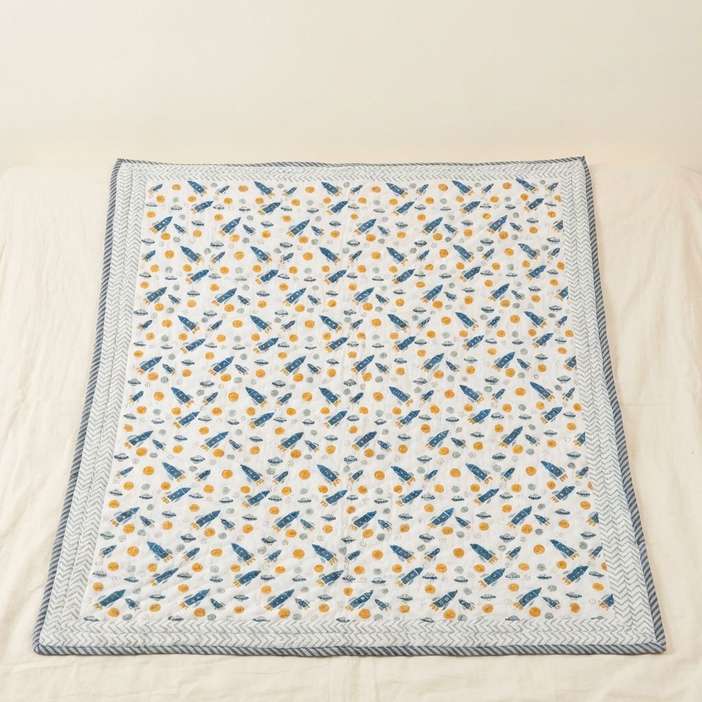 Space Rocket  Reversible Handblocked Cotton Baby Quilt