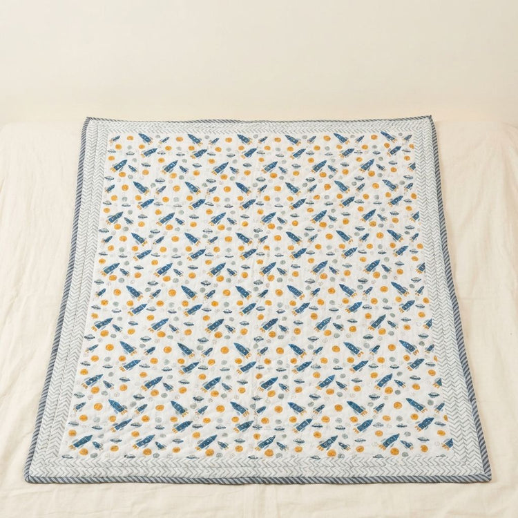 Space Rocket  Reversible Handblocked Cotton Baby Quilt