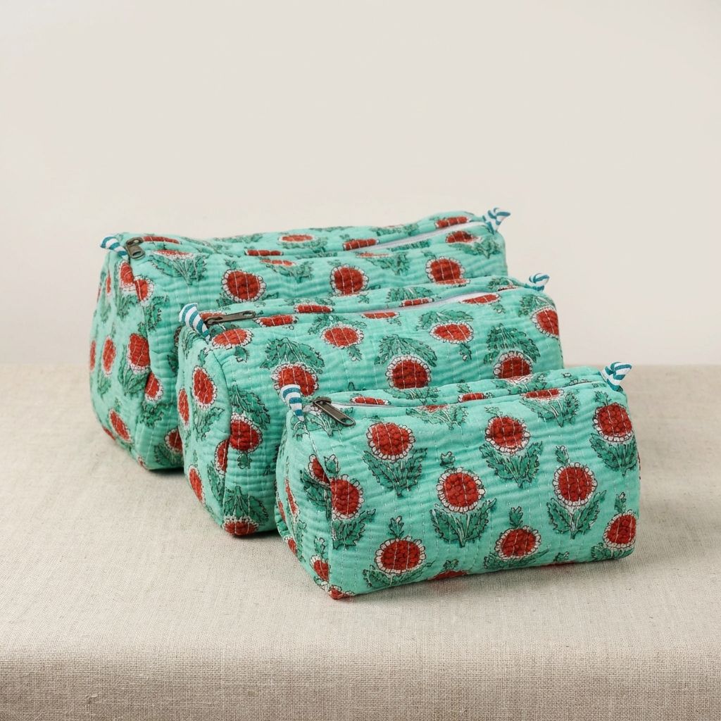 Mint Green Mint Blossom Cotton Quilted Pouch