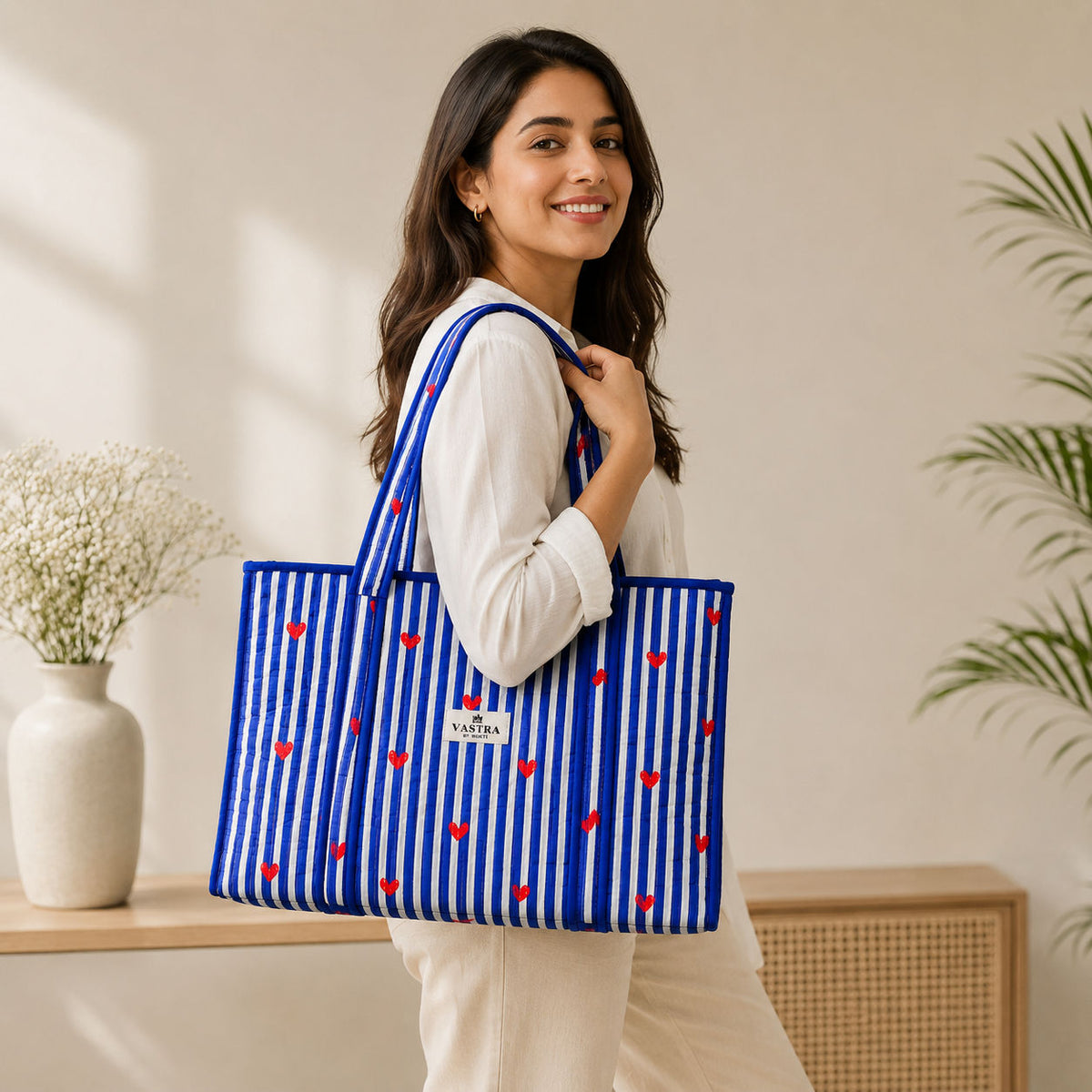 Blue Heart Stripe Large Cotton Handblocked Tote Bag
