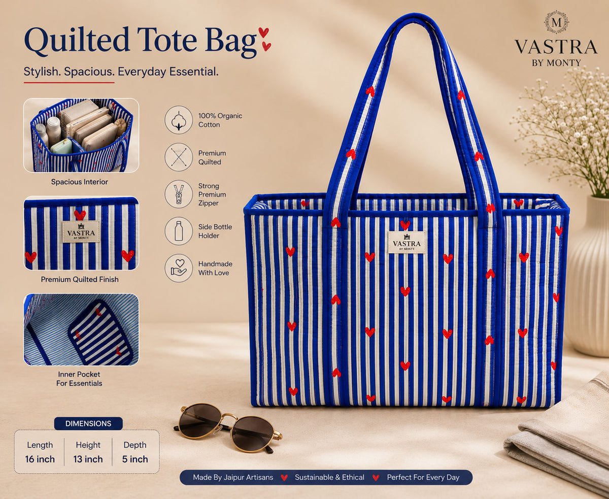 Blue Heart Stripe Large Cotton Handblocked Tote Bag