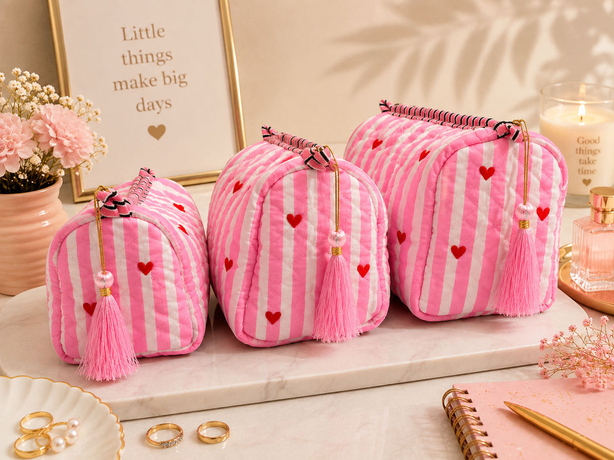 Pink Heart Stripe Cotton Quilted Pouch Set With Tassel