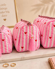 Pink Heart Stripe Cotton Quilted Pouch Set With Tassel
