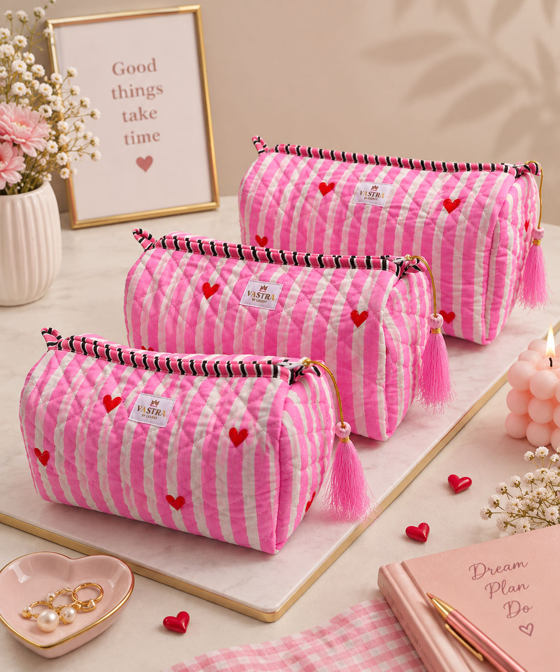 Pink Heart Stripe Cotton Quilted Pouch Set With Tassel