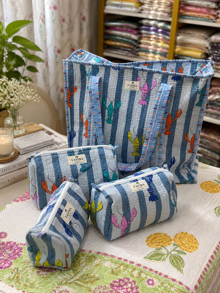 Large Lobster Stripe Tote Bag And Pouch Set of 3 Combo