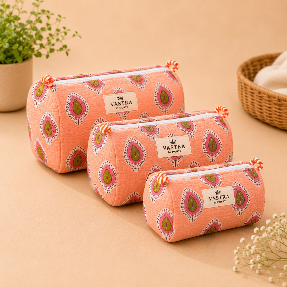 Peach Red Buti Handblocked Quilted Cotton Pouch